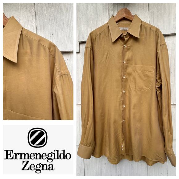 Ermenegildo Zegna Other - Ermenegildo Zegna Men's Tan Cotton Button-Down Shirt Long Sleeve Size‎ 44/17.5
